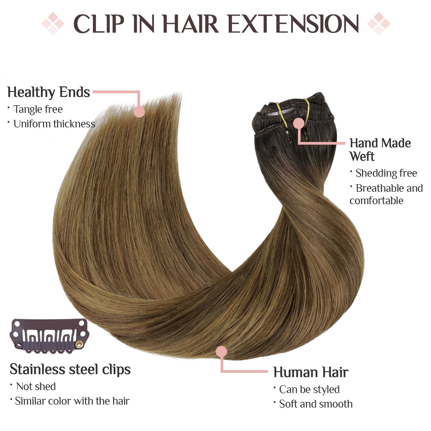 MAXITA Clip in Human Hair Extensions, 7PCS 120g Ash Dark Brown to Light Chestnut Brown, 16 Inch Straight Hair for Women