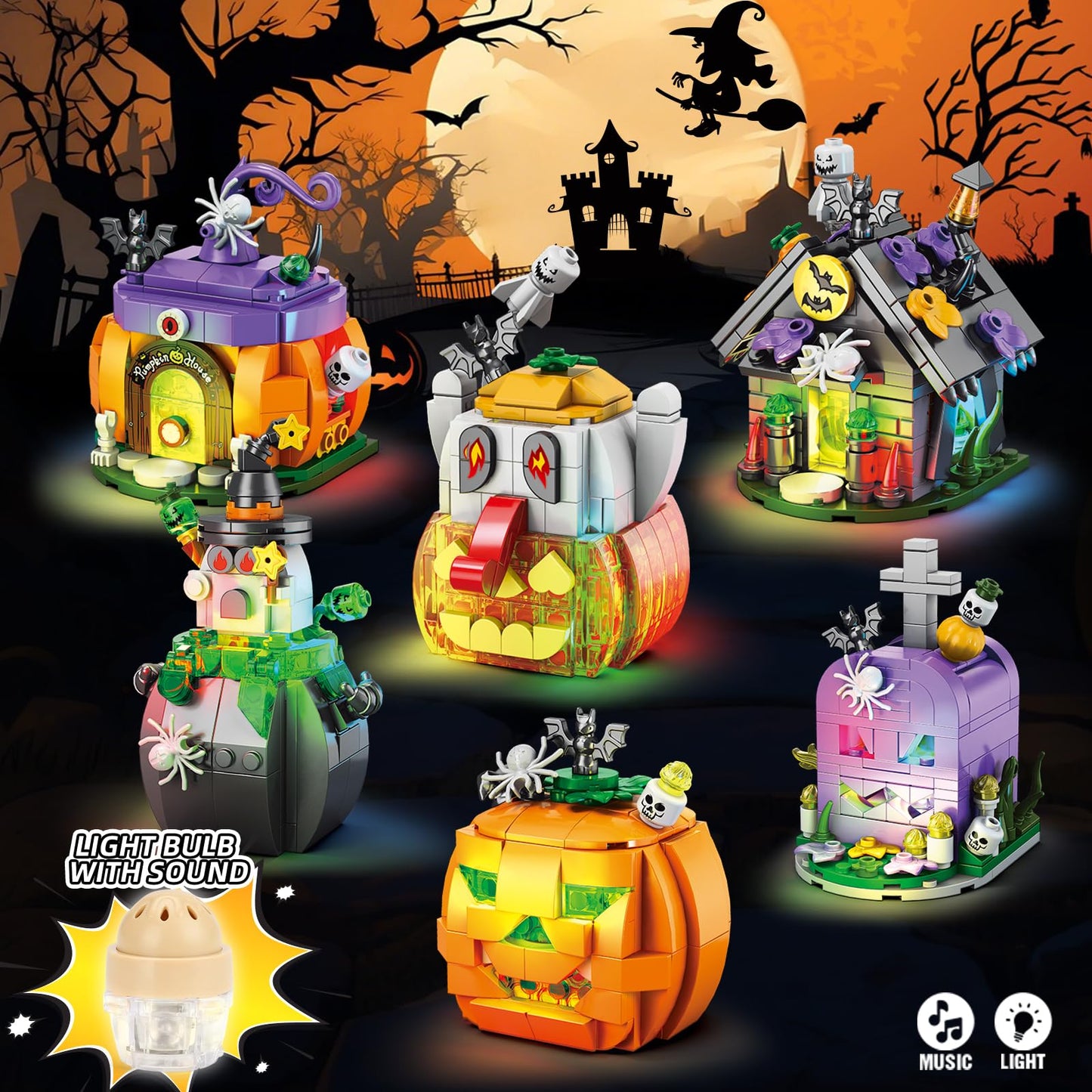 Halloween Building Blocks Set - Haunted House, Pumpkin Carriage, Skull Head, 6 Models Compatible with Lego, Halloween Party Gift for Boys or Girls 6-12 Years Old