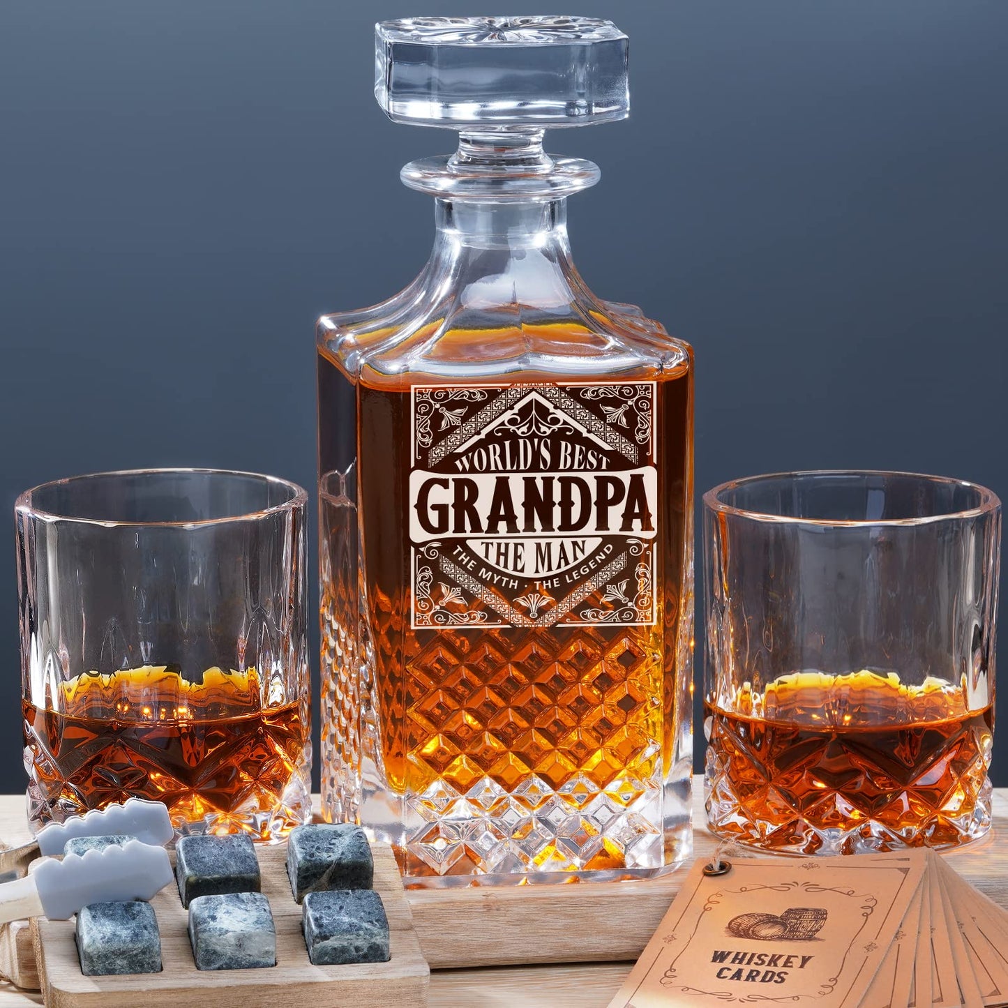 PONPUR Gifts for Grandpa Papa, Whiskey Decanter Set for Grandfather, Unique Grandpa Birthday Gift from Granddaughter Grandson, Best Christmas Retirement Presents for Whisky Scotch Bourbon Lovers