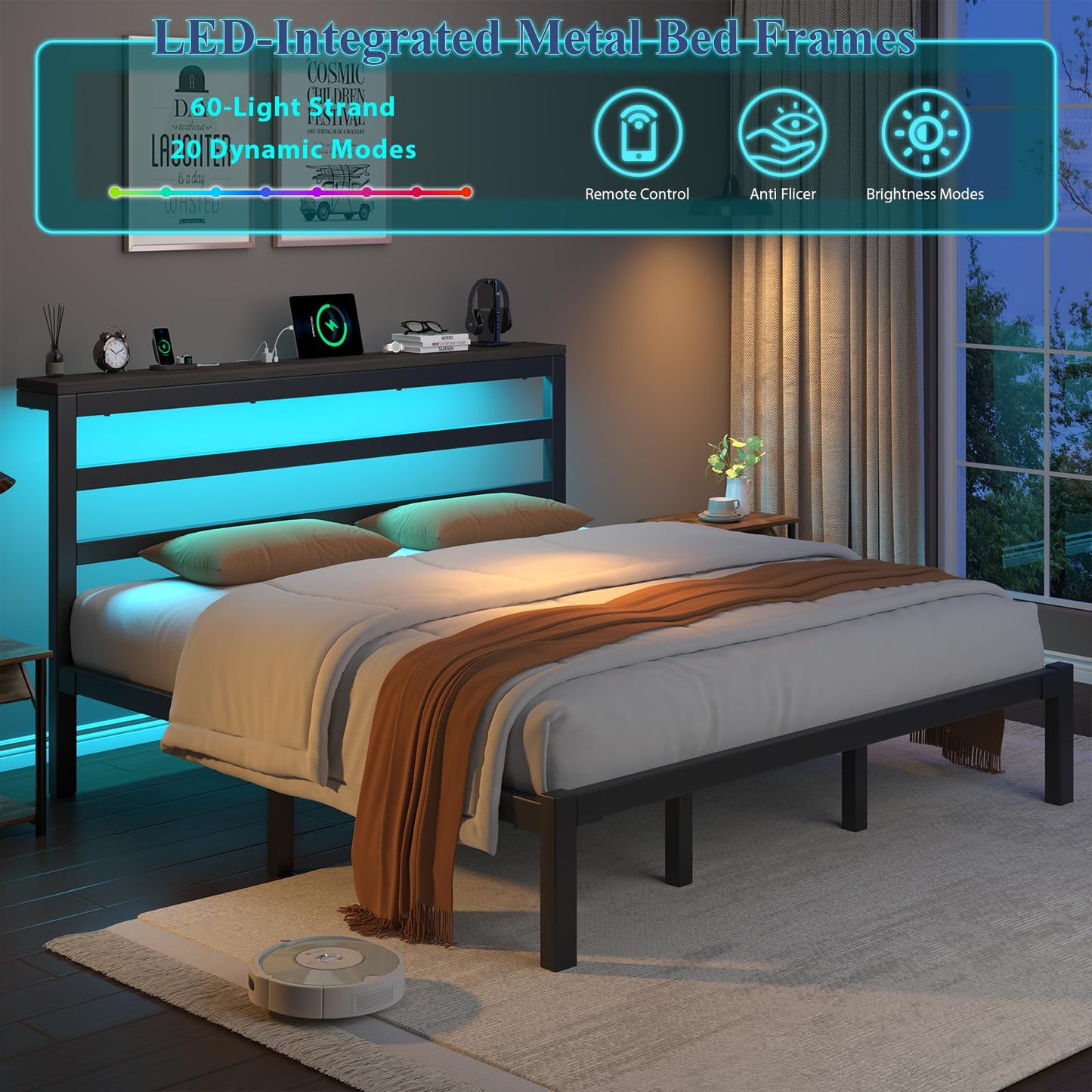 E-Motie King Size Bed Frame with Storage Headboard, Industrial Platform Bed with Charging Station and LED Lights,Underbed Storage Space, No Box Spring Needed, Easy Assembly, Modern, Black