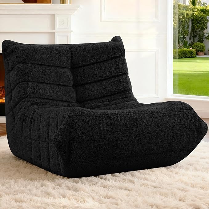 HABUTWAY Bean Bag Chairs Fireside Lazy Floor Sofa, Soft Teddy Fleece Bean Bag Sofa with High-Resilience Foam Filling，Beanbag for Living Room, Bedroom, Office (Black Teddy)