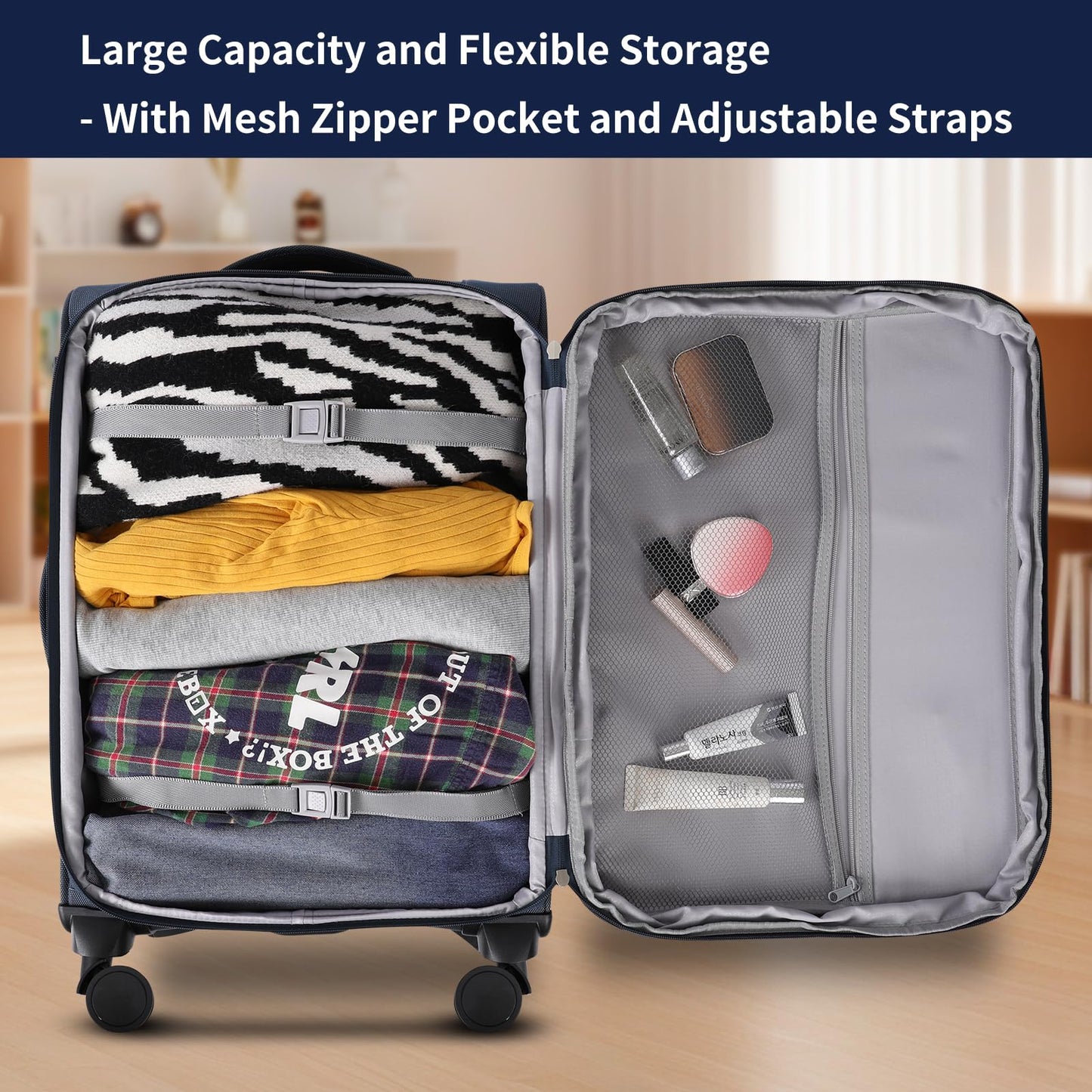 WireHot 3-Piece Softside Expandable Luggage Set with Front Open Pocket, Lightweight and Durable Oxford Fabric Suitcase Set with TSA Lock (Blue, 20in/24in/28in)