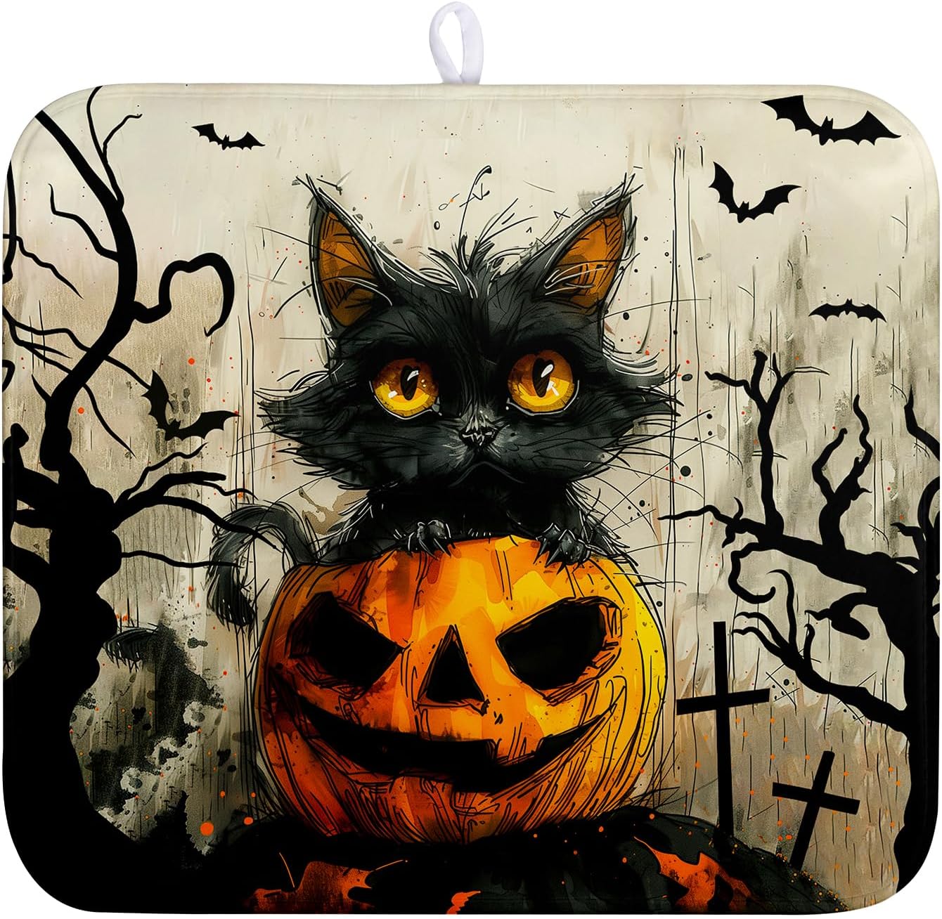 Black Cat Halloween Kitchen Dishes Drying Mat 16x18 Inch Halloween Fall Pumpkin Bat Dish Drying Mats for Kitchen Counter Absorbent Microfiber Dish Rack Mat Drainer Pad for Coffee Bar Sinks