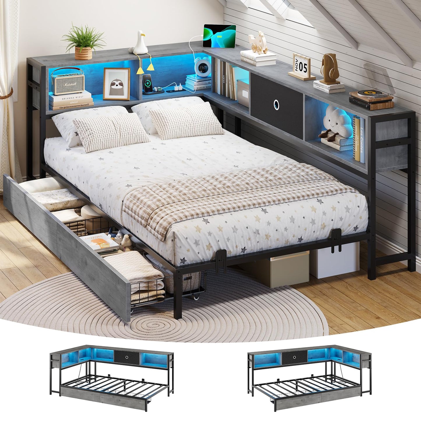 DICTAC Twin XL Corner Bed Frame with Bookcase Storage and Led Lights Metal Platform Bed Frame with Storage Drawers & Charging Station Twin XL Daybed for Living Room,Bedroom and Guest Room,Oak Gray