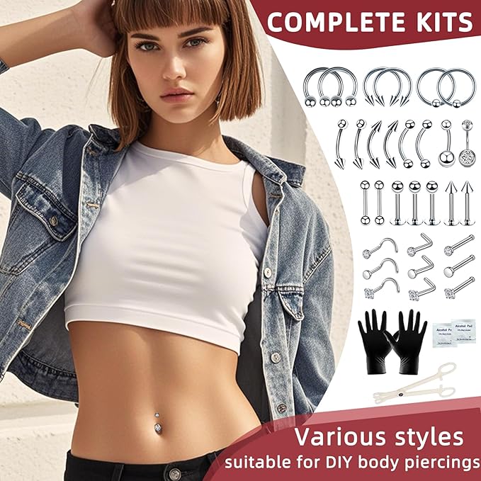 103PCS Piercing Kit for all Body Piercings Stainless Steel Piercing Jewelry with 12G 14G 16G 20G Piercing Needles and Tools for Nose Septum Belly Button Lip Ear Tongue Cartilage Eyebrow Tragus