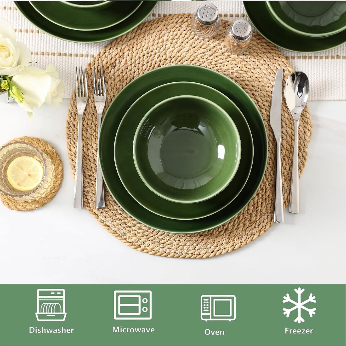 Vicrays Ceramic 12 Pieces Dinnerware Set - Dinner Plates Cereal Bowls Salad Plates Set Service for 4 - Scratch Resistant Dishwasher Safe Microwave Oven - Green