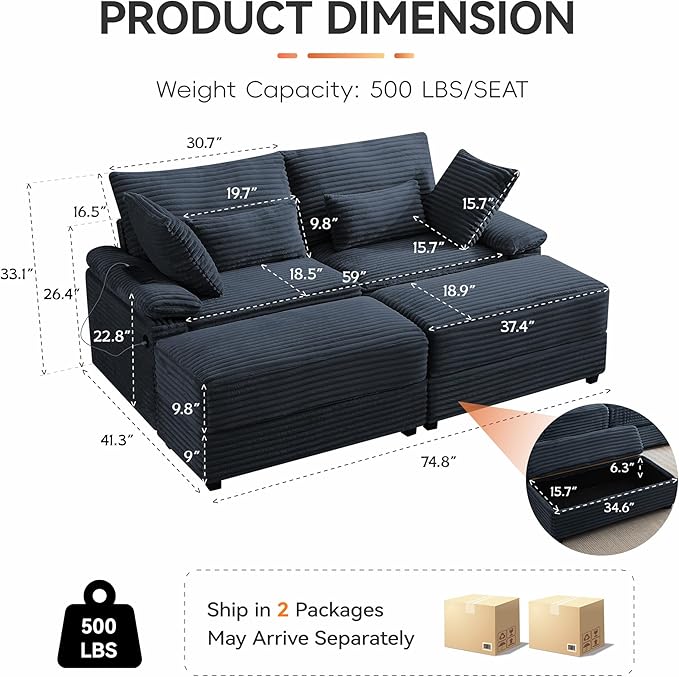 75" Corduroy Loveseat with Storage Ottoman, Cloud Deep Seat Couch with Convertible Ottoman Coffee Table & USB, Double Chaise Lounge for Living Room, Blue