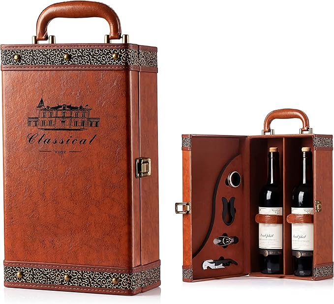 Wine Gift Box with 4 Wine Accessories Set,Portable Two Bottle Wine Carrier Case for Christmas,Wedding, Anniversary, Party,...