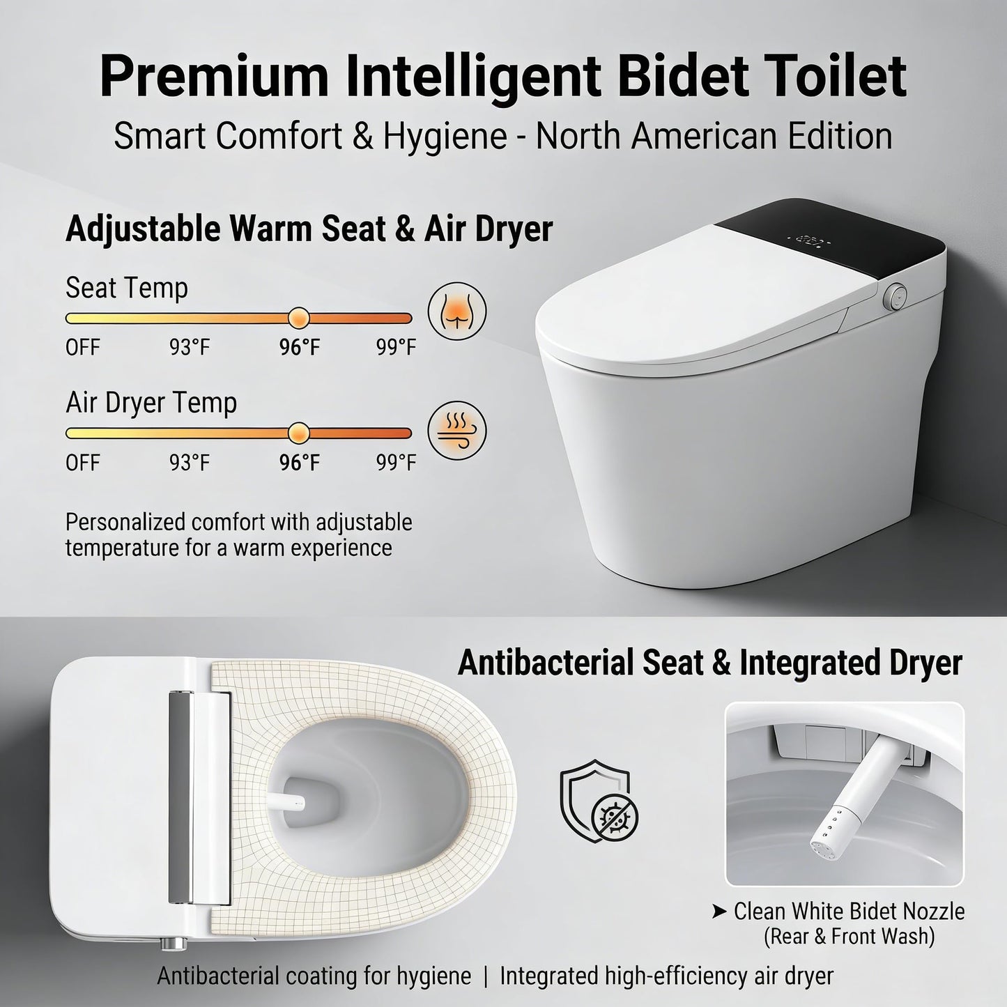 Milleloom 19 Inch Smart Toilet with Bidet Built In, One Piece Elongated Bidet Toilet, Heated Seat, Warm Water Wash, Warm Air Dryer, Auto Flush, Foot Sensor, LED Display, 1000g MaP Flush, 1.28 GPF