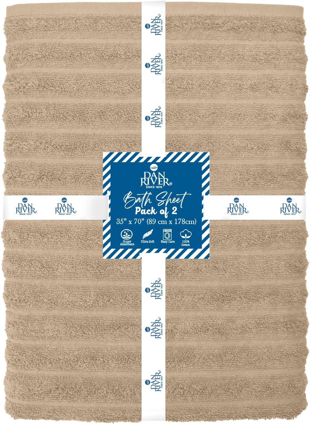 DAN RIVER Pack of 2 Bath Sheet 35x70 Inches, Ribbed Big Towels Oversized Extra Large Bath Towel, Absorbent Organic Cotton Towel - Tan