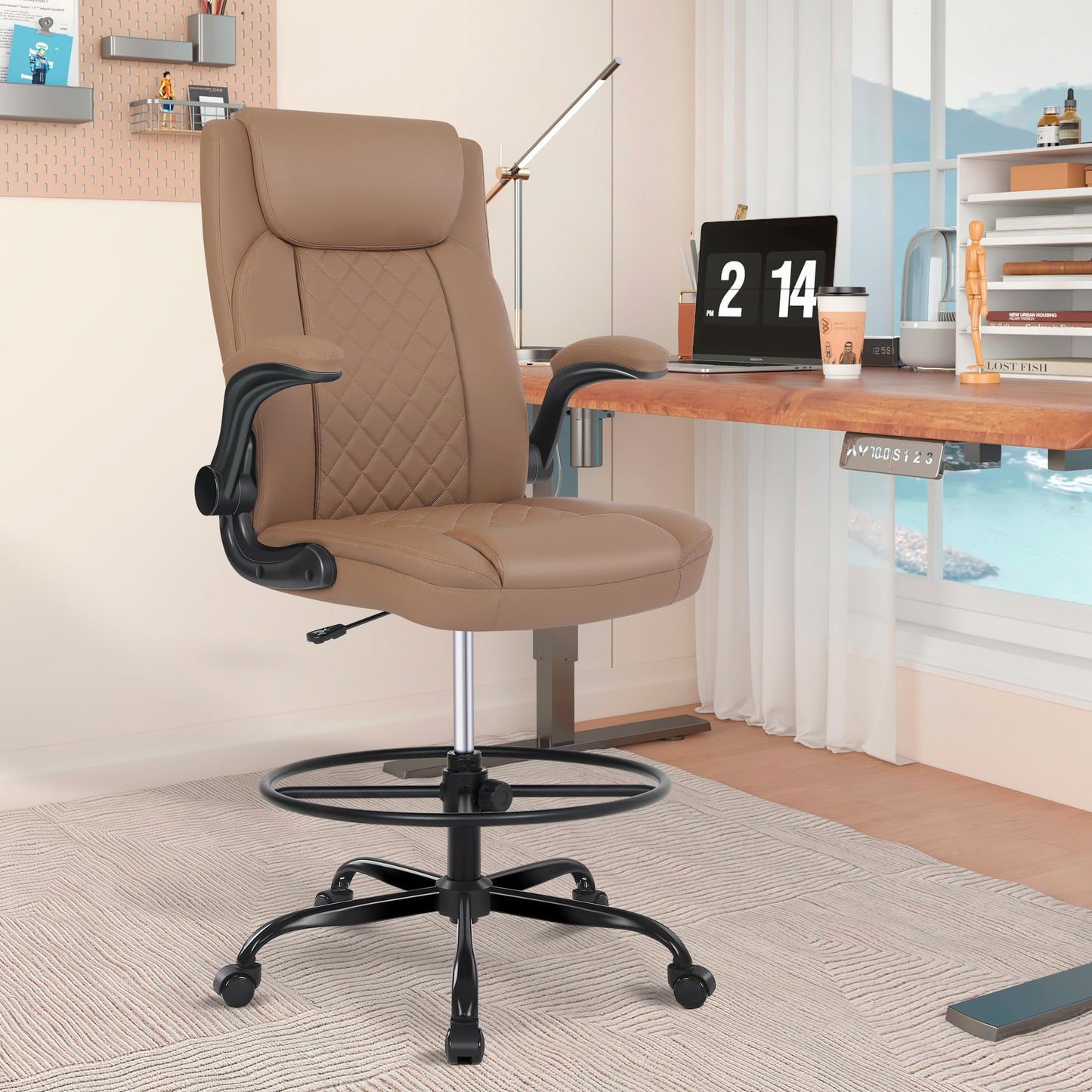 Misolant Drafting Chair, Tall Office Chair for Standing Desk, Standing Chair with Adjustable Height and Flip-up Armrest, Leather Drafting Chair, High Office Chair for Counter Height Desk