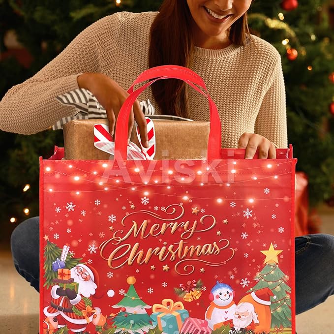 Aviski 2PCS Giant Christmas Gift Bags, Assorted Sizes, Heavy Duty Treat Tote Grocery Bags with Handles, Sewing Non-Woven Jumbo Bags for Gifts Wrapping Shopping, Xmas Party Supplies