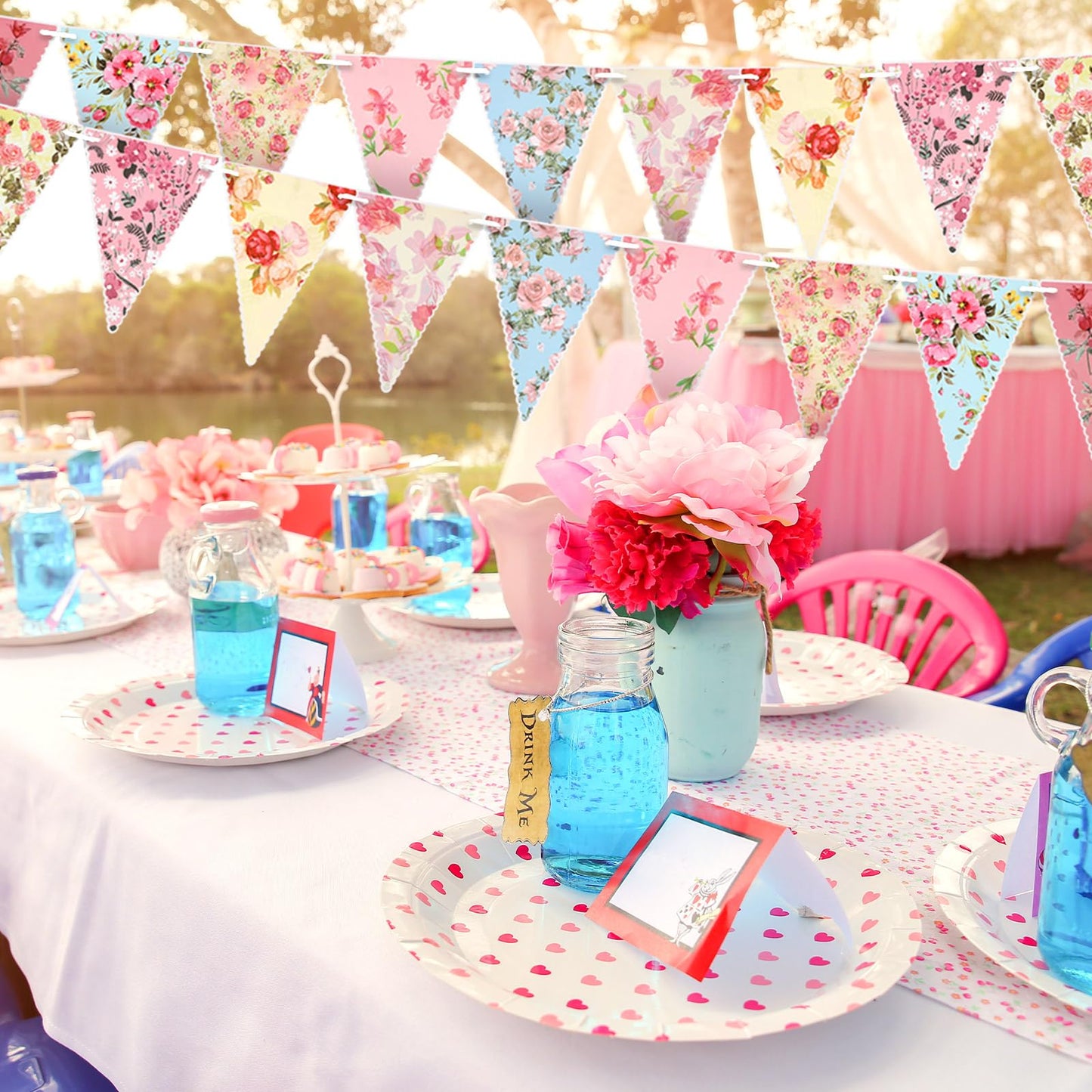 Funtery 5 Pcs Retro Bright Floral Paper Garland Chic Tea Party Decorations Wildflower Garland Floral Triangle Banner for Wedding Birthday Parties Festivals Home Outdoor Hanging Decorations