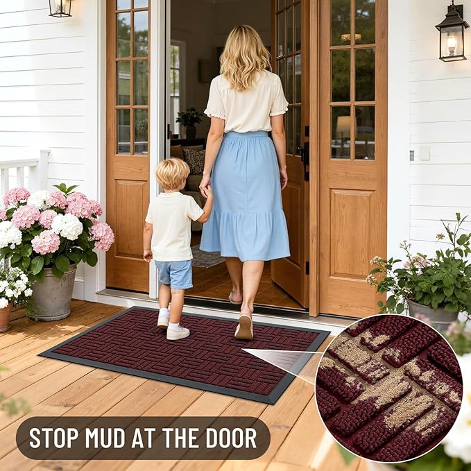 OLANLY Front Door Mat Outside Entrance 33x21, Absorbent, Heavy Duty Sturdy Natural Rubber Doormat Indoor Outdoor, Non-Slip, Stain and Fade Resistant, Low Profile Floor Mat for Entryway, Burgundy