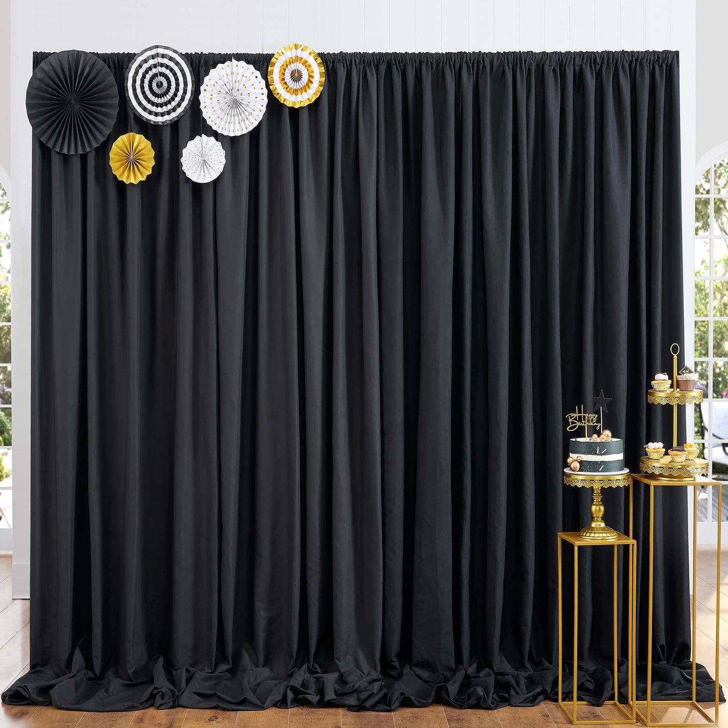 Htper 20ft x 10ft Black Backdrop Curtain Panels for Parties, Thick Wrinkle Resistant Polyester Wedding Backdrop Drapes for Birthday Photography Party Home Decorations