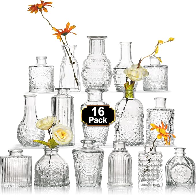 Arme 16Pcs Glass Bud Vase Set，Small Flower Vase for Centerpieces，Clear Bud Vases in Bulk， Mini Vintage Vase for Rustic Wed...