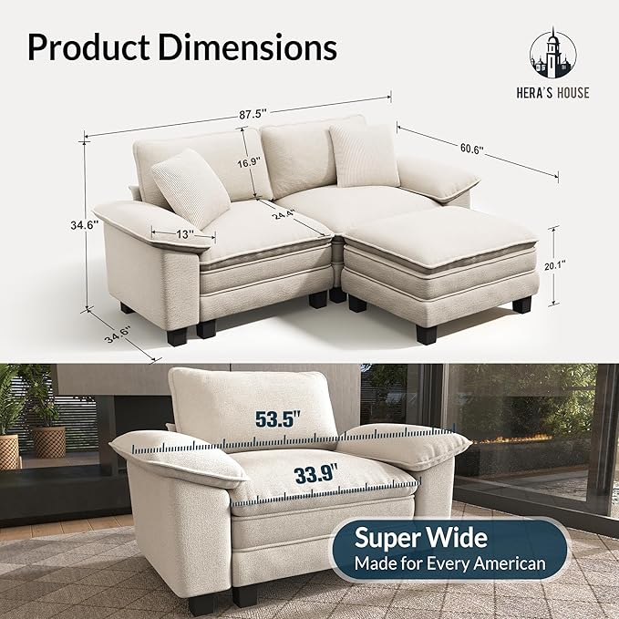 HERA'S HOUSE 88" Modular Sectional Sofa, L Shaped Couches for Living Room, Comfy Cloud Couch with Ottoman, 3-Seater Deep Seat Sofa with Throw Pillow, Chenille Beige