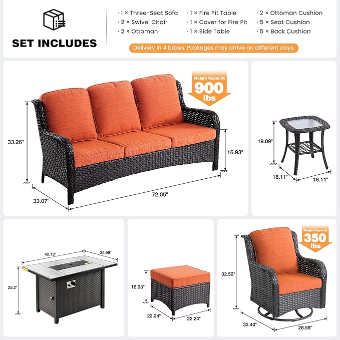 ovios 7 Pieces Patio Furniture Set, Outdoor Wicker Sofa Couch with Swivel Chairs 42" Fire Pit Table, High Back Modern All Weather Conversation Sets, Brown Rattan, Orange Red