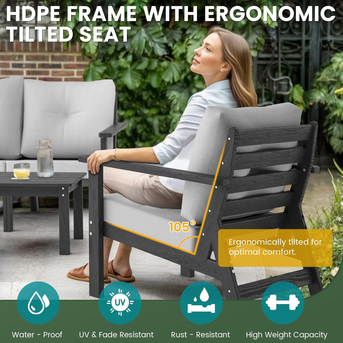 PamapicLife 7-Piece HDPE Patio Furniture Set, Outdoor Sectional Sofa Set,All Weather Outdoor Couch with Dust-Free Cushions, Durable Patio Conversation Sets for Balcony, Porch, Black