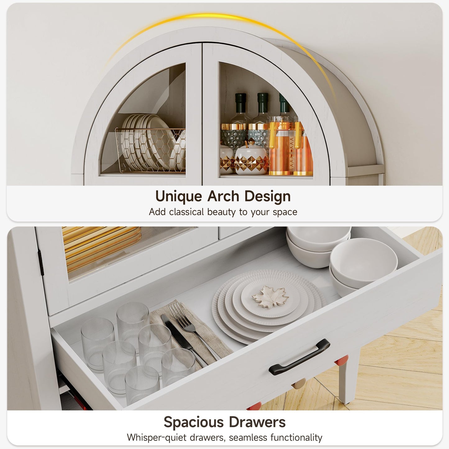 ONBRILL 71" Tall Wine Bar Cabinet, Arched Storage Cabinets with Door, Whiskey Station with Wine Rack and Glass Holder, Liquor Bar Cabinet for Home Kitchen Living Dining Room (Off White)