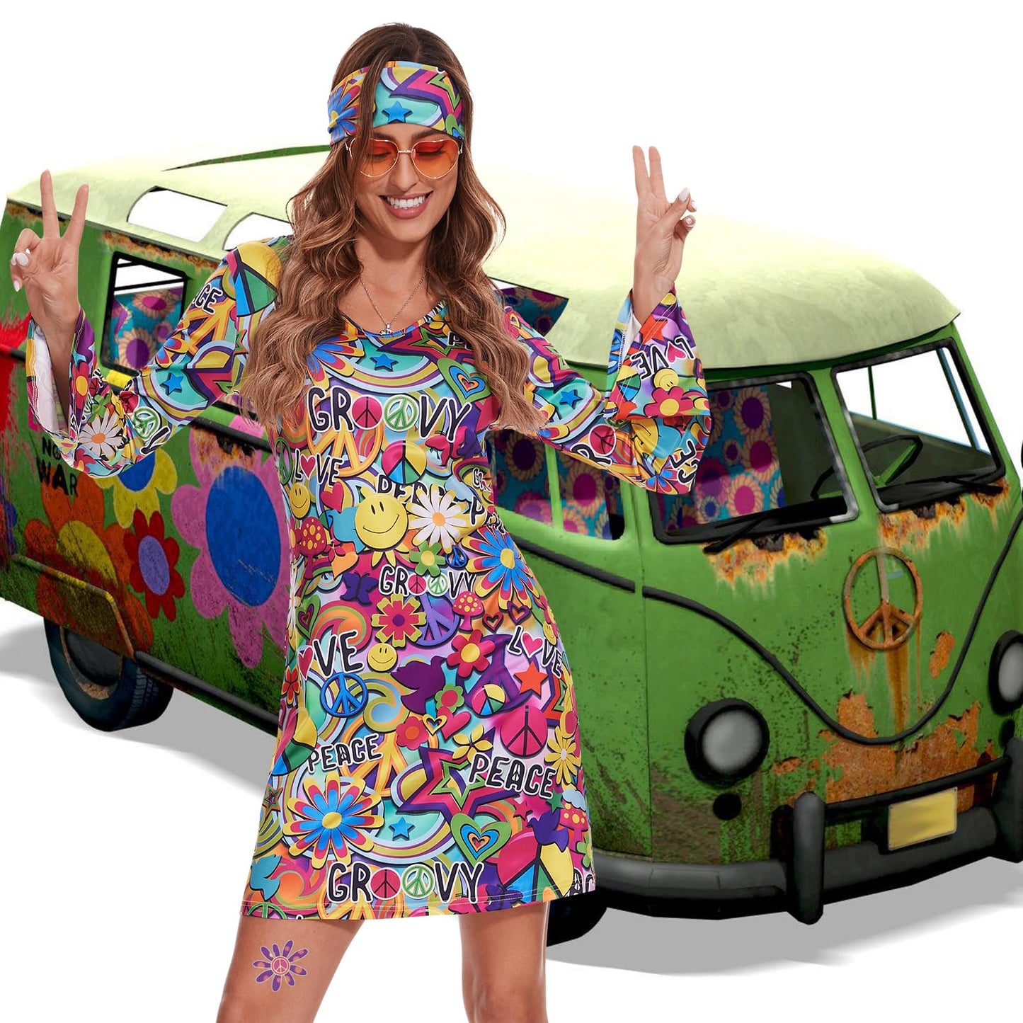 ATAMET 70's Women Costumes Hippie Dress, 1970s Outfits Accessories Set, 60s 70s Disco Prom Dress, Carnival Halloween Costumes (Bright Colors Peace Love, X-Large)
