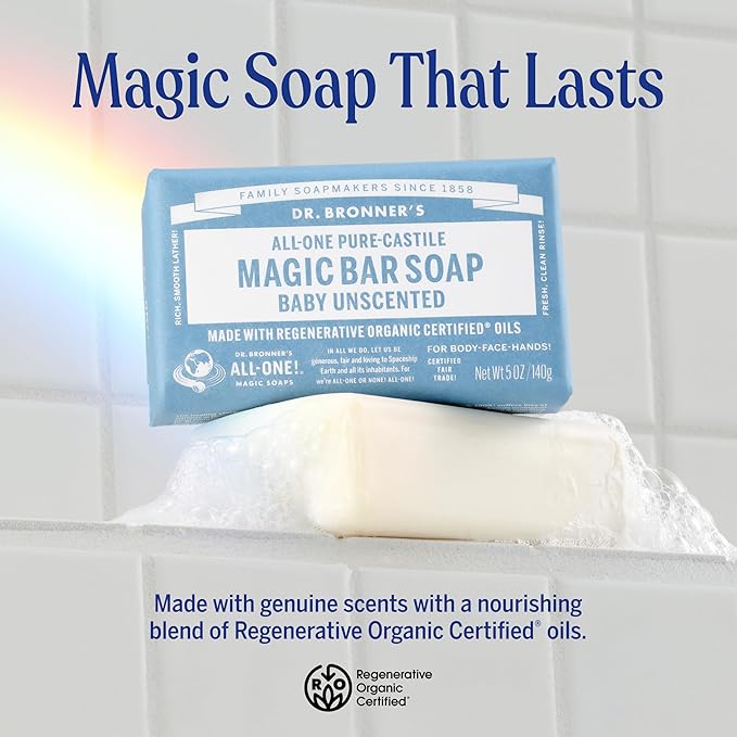 Dr. Bronner's Pure-Castile Baby Unscented Magic Bar Soaps - Made with Regenerative Organic Certified Oils - For Face, Hand, Hair Gentle on Sensitive Skin - Soap Bars for Men & Women - 2 Pack, 5 oz