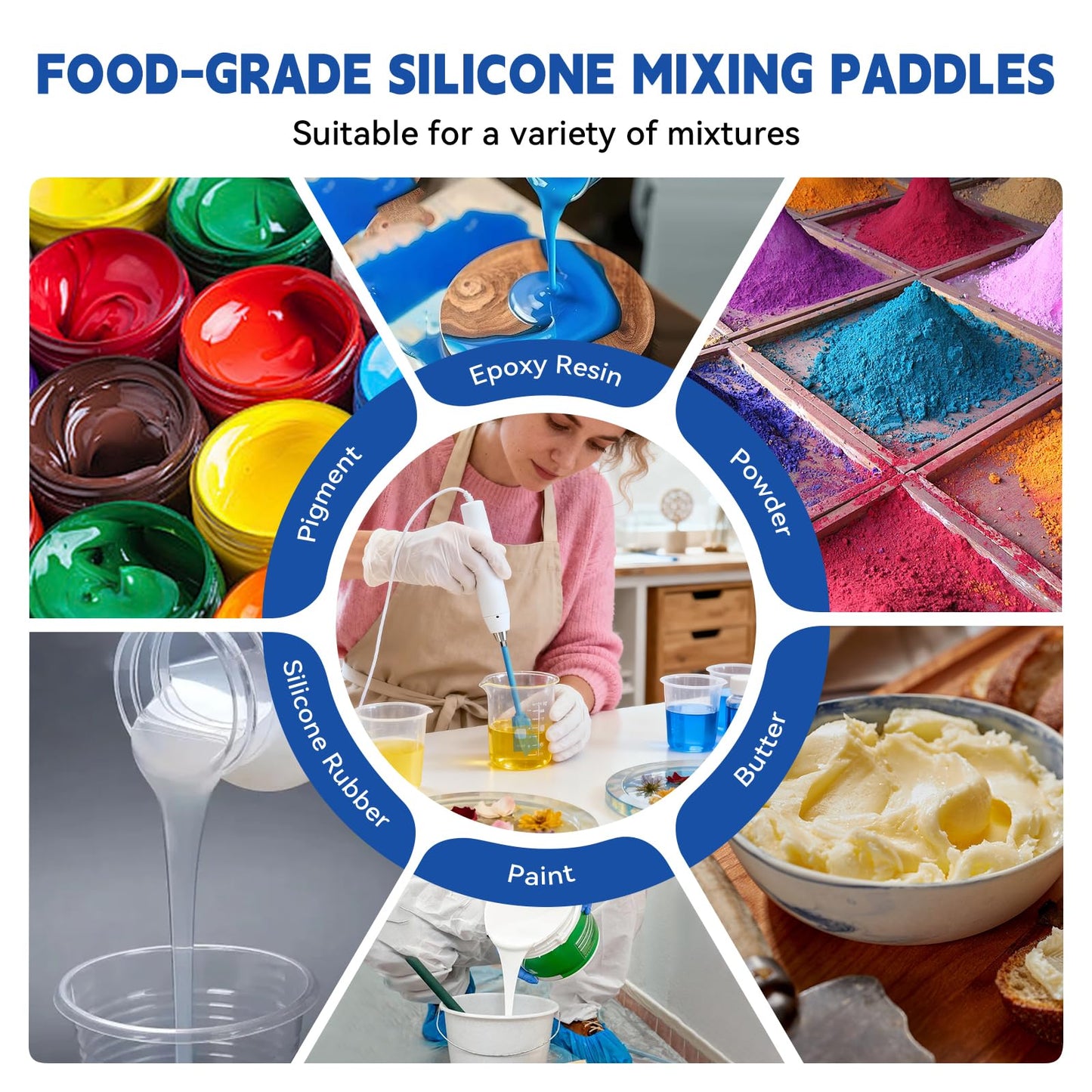 Suzzam Silicone Resin Mixer Paddles, 4 pcs Epoxy Mixer for Drill - Paint Stirrer for Drill, Easy to Clean & Reusable, 1/4" Drill Epoxy Mixer Attachment
