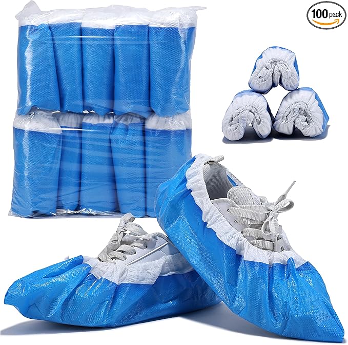 Heavy Duty Shoe Covers Disposable, Thick 0.38 0z, Premium Waterproof Dustproof Non-Slip Shoe Booties, Durable Booties Covers for Indoors & Outdoor,One Size Fits Most -100(50Pairs)
