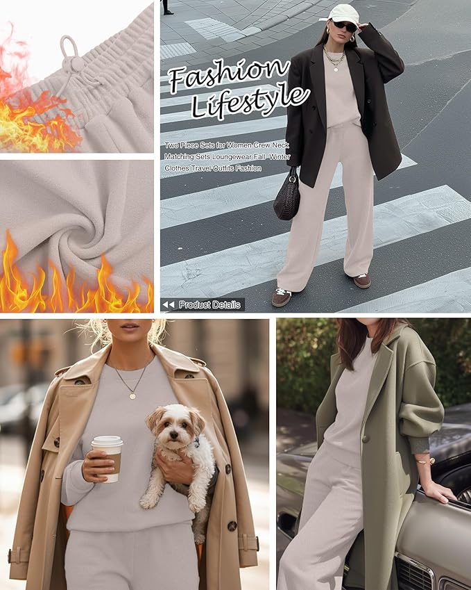 Sweetyweee Women's 2 Piece Outfits Set Fleece Lined Lounge Sweatsuit Crewneck Pullover Top Wide Leg Pants Casual Tracksuit