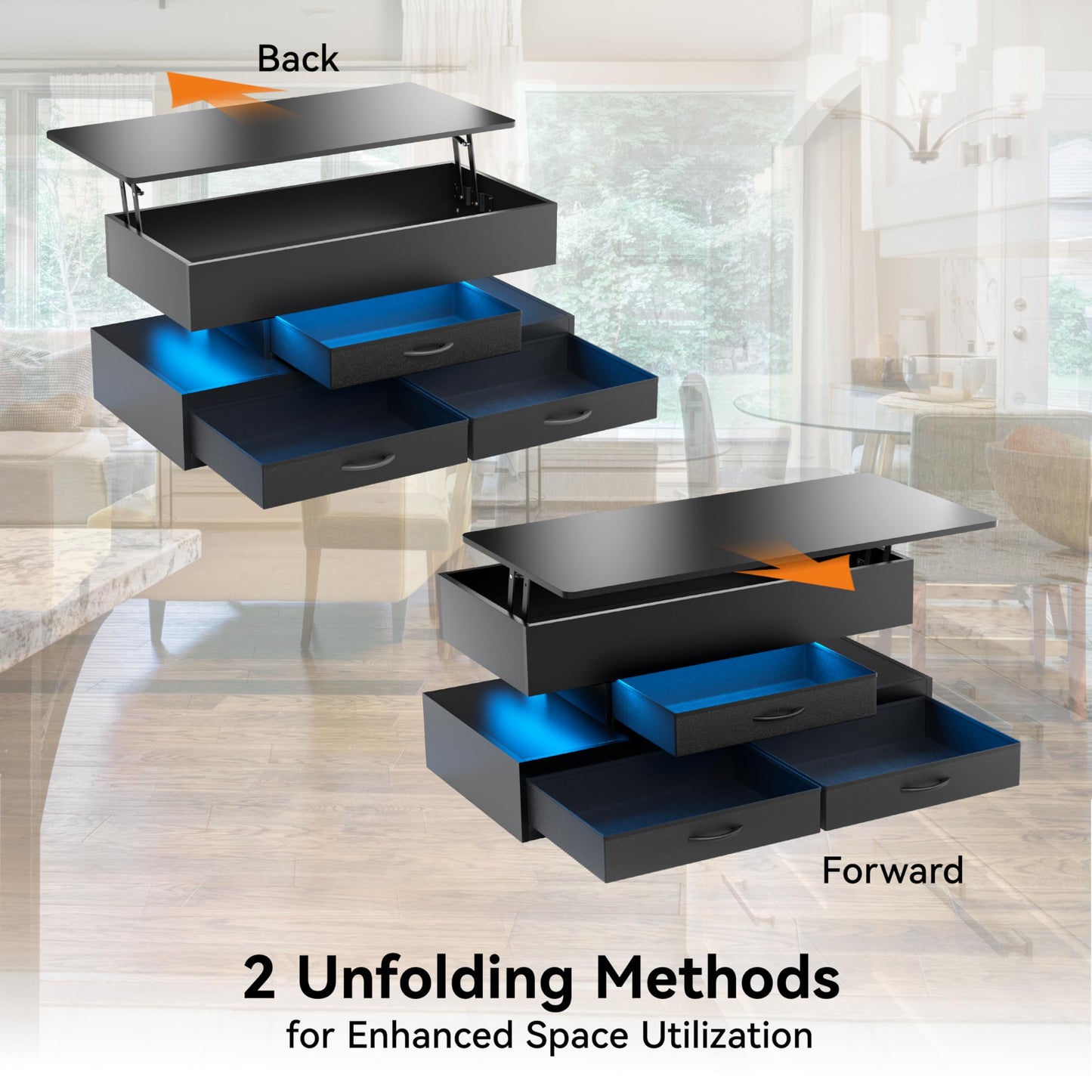 Oransail 40" Lift Top Coffee Table with 3 Fabric Drawers and Hidden Compartmen, LED Coffee Table, Farmhouse Coffee Tables for Living Room, Dining Room