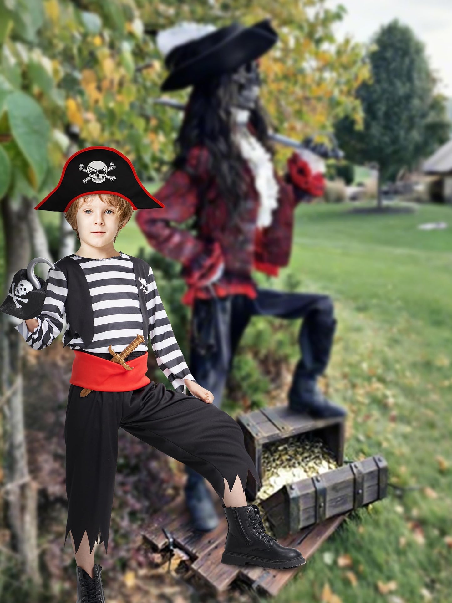 IKALI Pirate Costume for Kids Boys,Toddler Pirate Role Play Dress Up with Bandana, Cutlass, Hat 8-10 Years