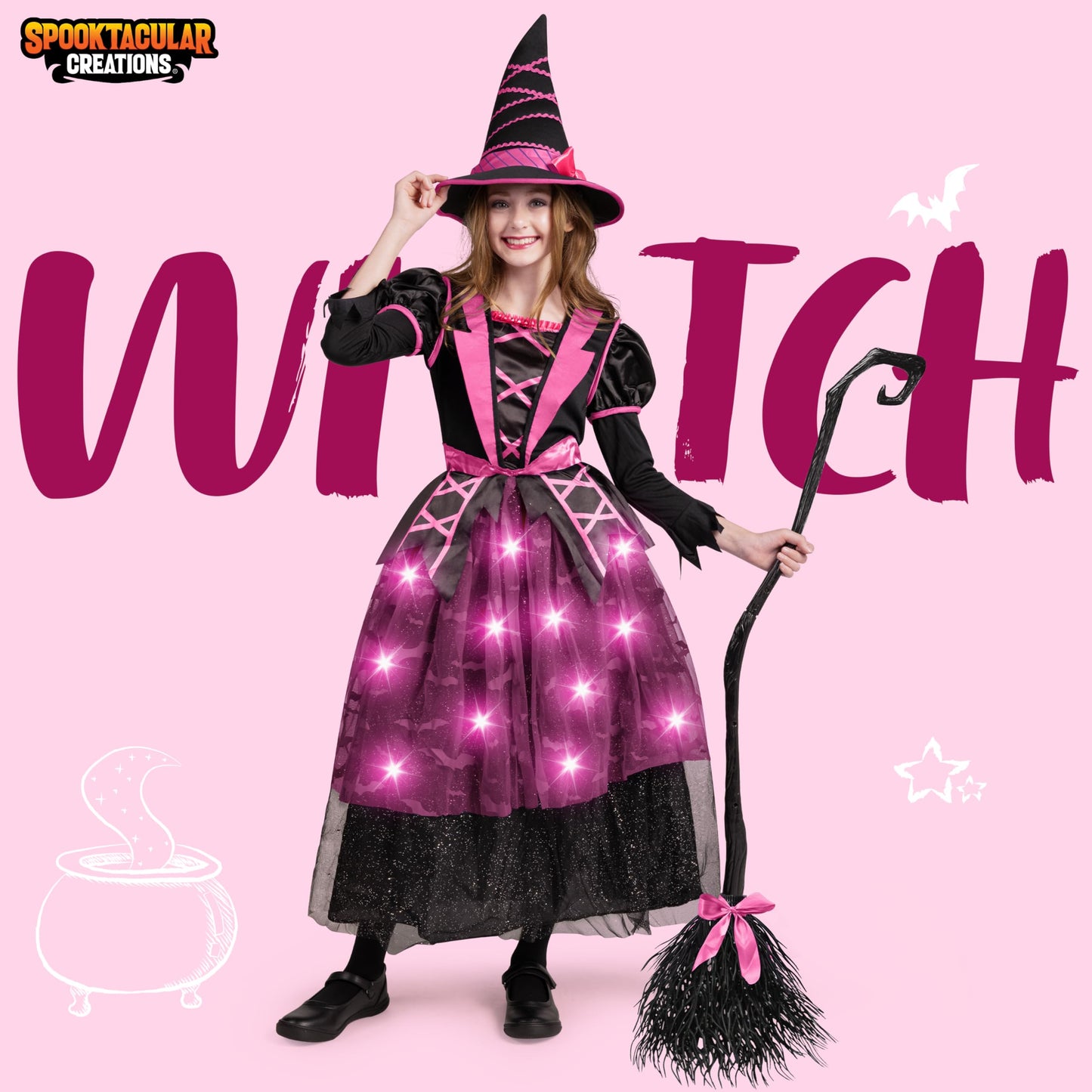 Spooktacular Creations Halloween Witch Costume Kids, Light Up Witch Dress with Hat and Broom for Girls, Toddlers Bat Outfit Set for Halloween Costumes Role Play Parties, Pink (3T(3-4 yrs))