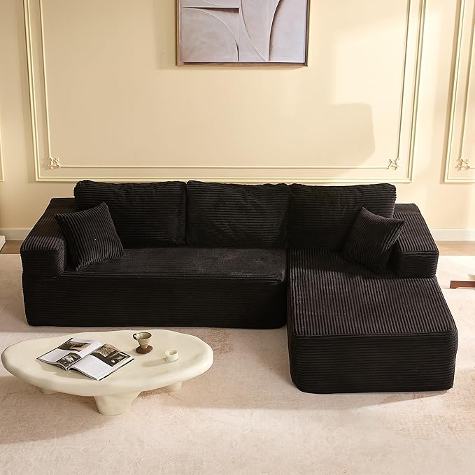 Afuson 107" Boneless Couch with Deep Seat, Modular Sectional Sofa, Cloud Sectional Couch for Living Room, No Assembly Required, Corduroy, L-Shape Right, Black