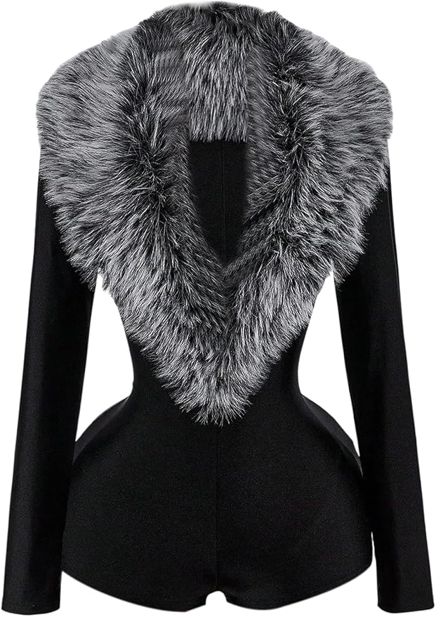 WDIRARA Women's Faux Fur Deep V Neck Long Sleeve Romper Fuzzy Bodycon Shorts Jumpsuit Rave Party