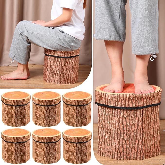 Amylove 6 Pack Tree Stump Storage Stool 12 x 12 Inch Stool Ottoman, Cute Folding Storage Toy Box with Foam Cushion, Collapsible Seat Chest (Classic)