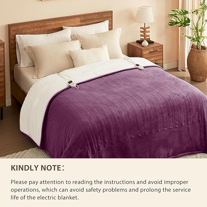 Homemate Electric Heated Blanket Twin - 62"x84" Heating Bed Blankets Throw with 10 Heating Levels 8 Hours Auto Off Fast Heating Over-Heated Protection Ultra Soft Warm Flannel ETL Certified Purple