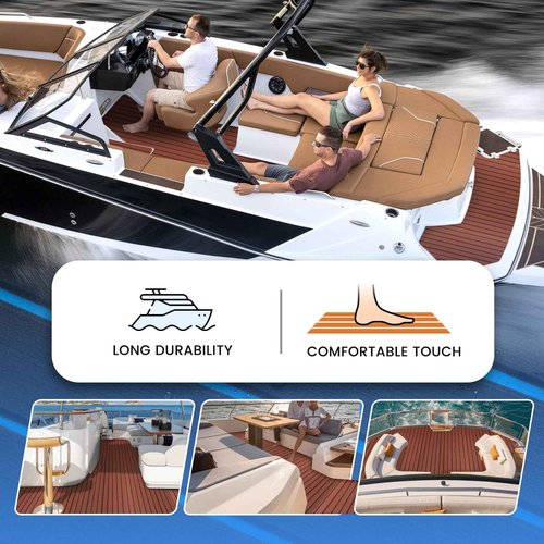 Fullfire EVA Foam Boat Flooring with 3M Self-Adhesive Backing, Marine Decking Faux Teak Deck Sheet for Jon Boats Pontoon Boat Yacht RV Jet Ski Kayak Floor, Dack Brown and Black 94" x 23.5"
