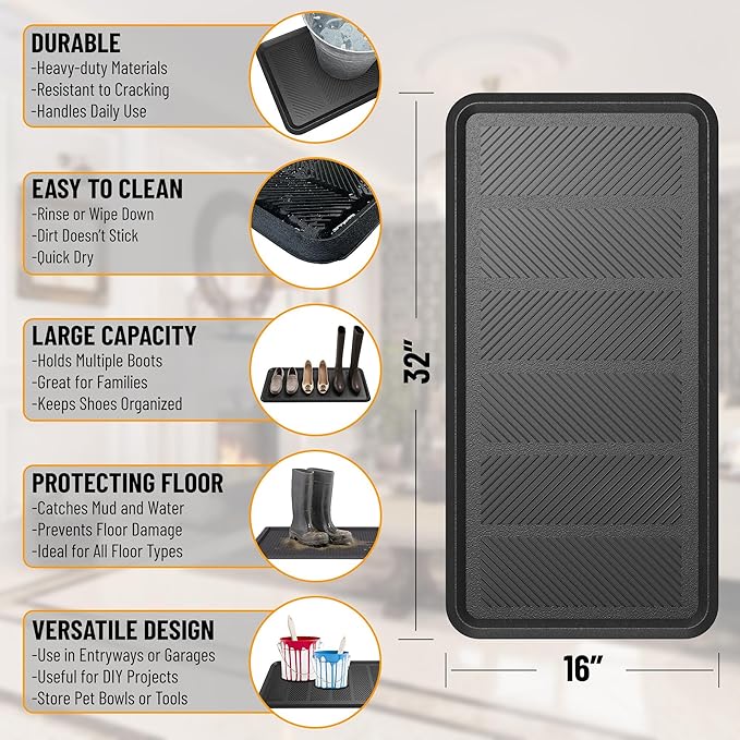 Sweet Home Stores Hose -Wash Boot Tray Rubber Non-Slip 16" x 32" Indoor/Outdoor Mat for Entryways, Doorways, Black