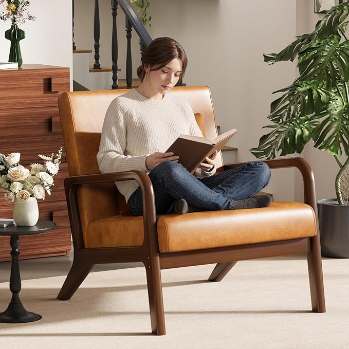 ELUCHANG Mid-Century Modern Chair,Upholstered Accent Chair Reading Arm Chair with Cushion & Lumbar Pillow & Solid Wood Frame for Lounge, Living Room, Bedroom, Office, Brown-PU Leather, 2PCS