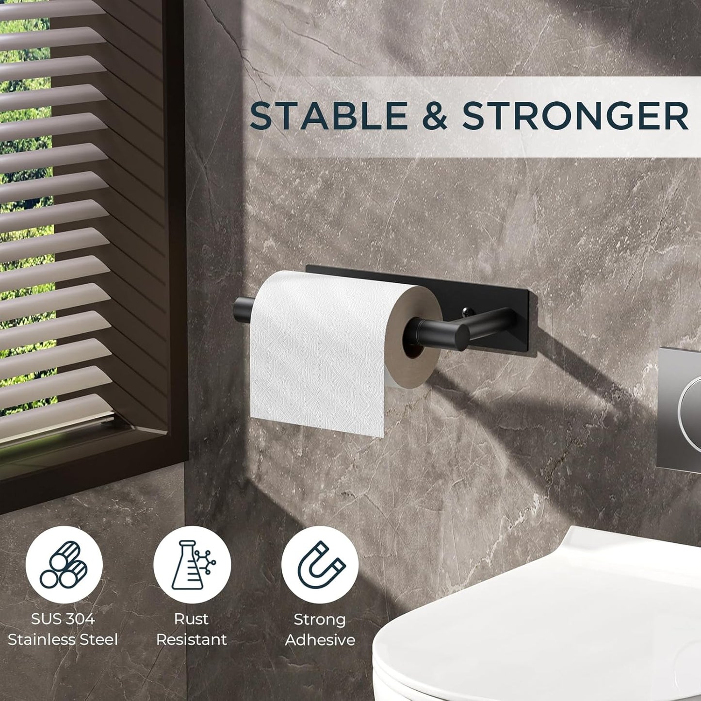 FORIOUS Black Toilet Paper Holder, Adhesive or Wall Mounted Options, Stainless Steel Rustproof Stick on no Drilling Double Post Pivoting Toilet Tissue Roll Holder Wall Mount for Bathroom, Matte Black