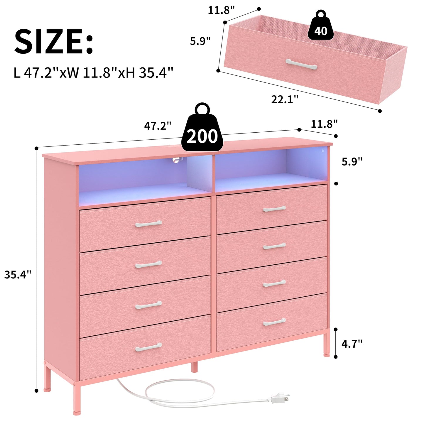 Dresser for Bedroom Pink Bedroom Dresser with LED Lights and Charging Station, 8 Long Fabric Drawers Dressers, Tall Wide Chest of Drawers Storage Organizer TV Stand for up to 60" TV for Living Room