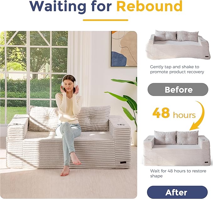 MAXYOYO 63" Boneless Loveseat Sofa Couch for Small Spaces, Mini Love Seat Floor Couch with Cup Holders and Pillows, 2-Seater Upholstered Cloud Couch for Bedroom Apartment, No Assembly Required