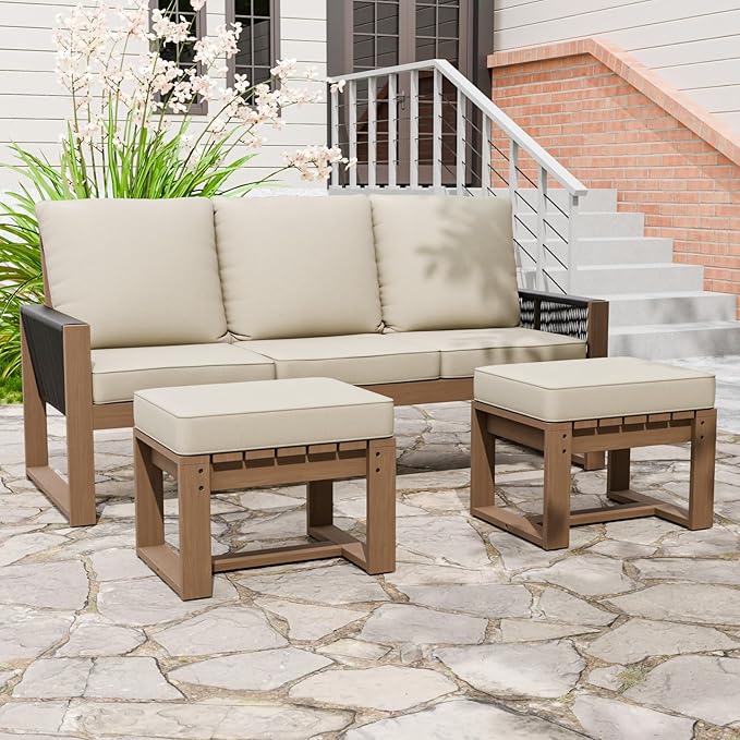 INTER HUT Rustic Hideaway Natural Cedar Wood Outdoor Furniture Set, Wicker Patio Conversation Set for Porch Garden Backyard, Couch and 2 Ottomans, 3 Piece, Brownish/Beige