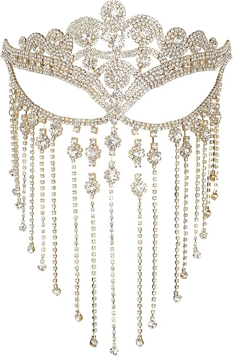 MineSign Tassel Mask chain for Women Fringe Masquerade Head Chain Rhinestone Face Jewelry for Halloween PartyCosplay