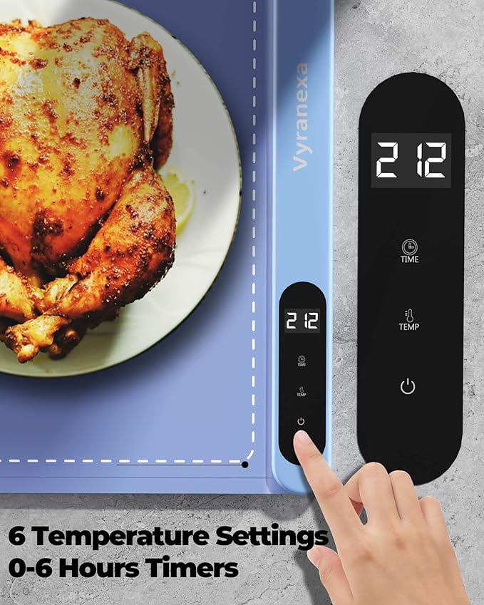 Food Warming Mat for Food, Upgrade High-tech Graphene Heating with 6-Level Adjustable Temperature and 6-Hour Timer, Silicone Roll Up Food Warming Tray, Portable for Parties (Light Blue, Large)