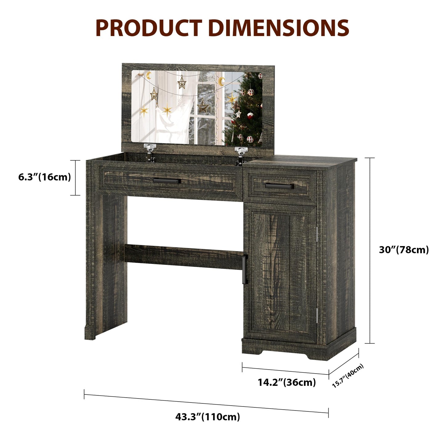 FOMNEY Farmhouse Vanity Desk with Flip Top Mirror, 43.3" W Makeup Vanity with Drawers, Storage Cabinet, Dressing Make Up Vanity Table for Bedroom, Wood Home Office Desk, Light Grey