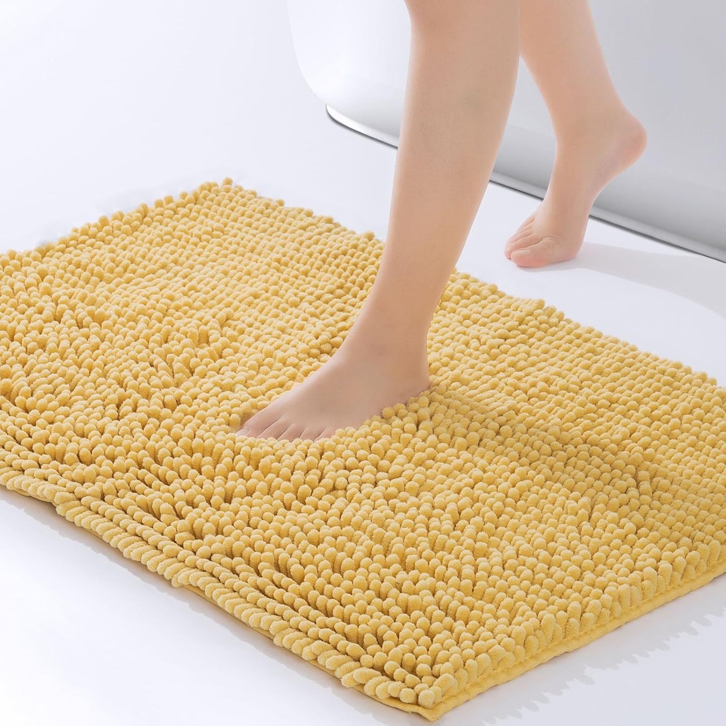 FRESHMINT Chenille Bathroom Rugs Mat 24"x17", Non-Slip Bath Mat for Bathroom Floor & Bathtub, Washable Soft Shower Shag Bath Rugs, Durable Fluffy Thick Water Absorbent Microfiber Shower Mat, Yellow