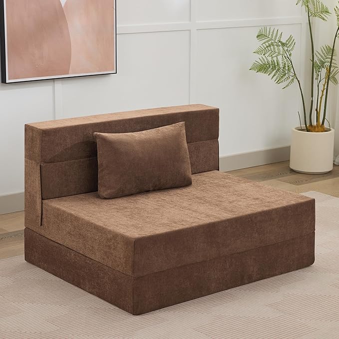 WUTUTUEE Folding Sofa Bed Convertible Floor Couch Foldable Chair Bed with Pillow，Linen Sleeper Chair Futon,Foldable Memory Foam Mattress for Bedroom/Living Room/Dorm/Office (Brown, Standard)