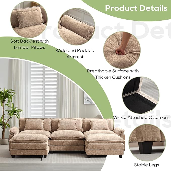 Oprisen 120" Modular Sectional Sofa, Comfy Cloud Couch Sectional Sofa with Ottoman, Chenille Sofa Sleeper Deep Seat Sofa with Throw Pillows for Living Room (Khaki, 120"- U Shape)