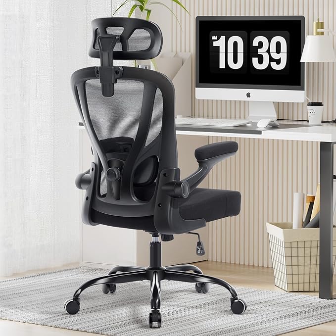 shipborne Office Chair Ergonomic Office Chair with Lumbar Support, Head Support, Rocking Function, FILP-up Armrests, Mesh High Back Chair Home Office Desk Chair, Suitable for Home, Office, Black